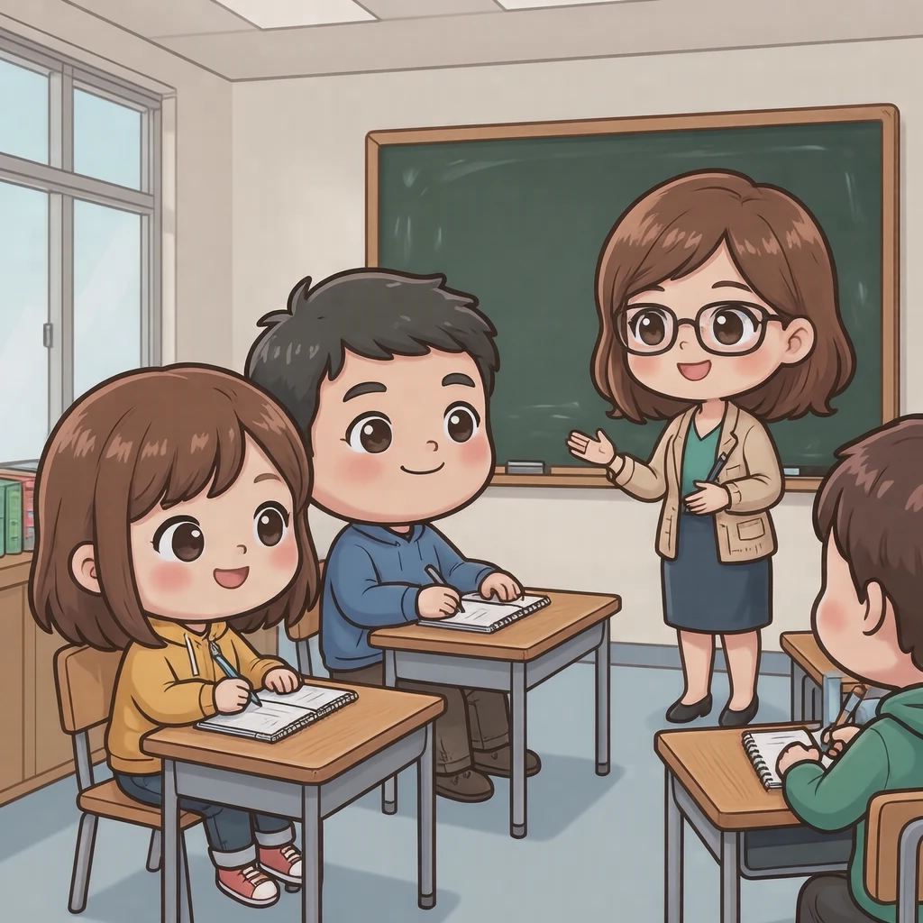 保護者会で話し合う保護者と先生のイラスト（デフォルメ）