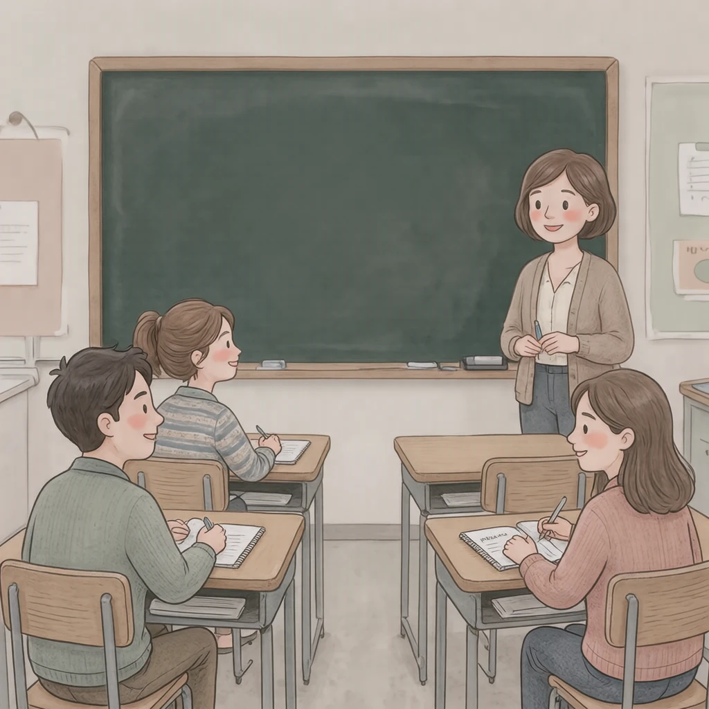 保護者会で話し合う保護者と先生のイラスト（ソフトパステル）