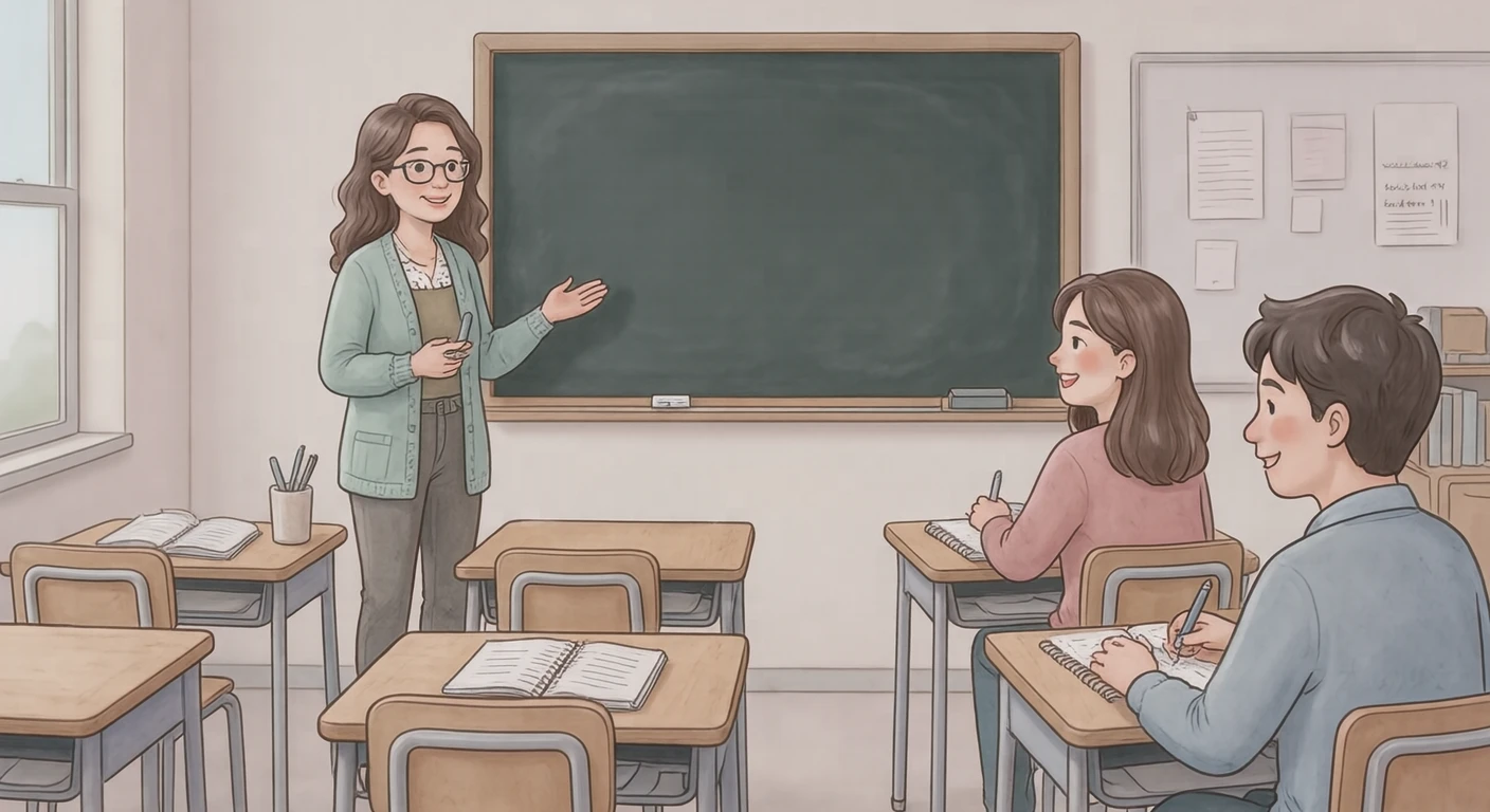 保護者会で話し合う保護者と先生のイラスト（ソフトパステル）