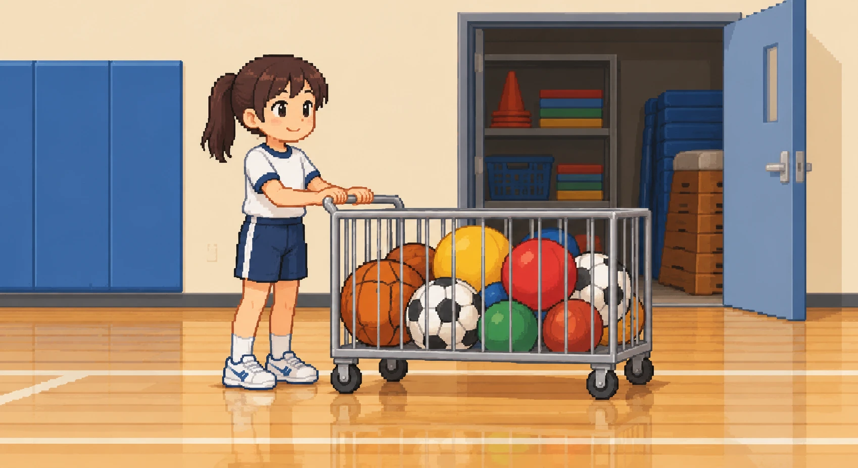 体育倉庫の前でボール籠を押す児童のイラスト（ドット絵）