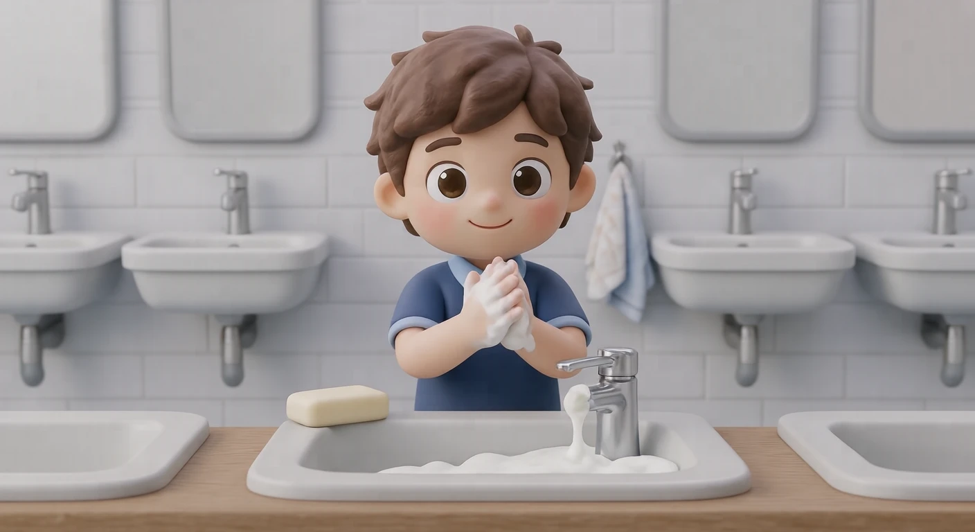 Illustration of a pupil washing hands with soap at a school washbasin (soft 3D)