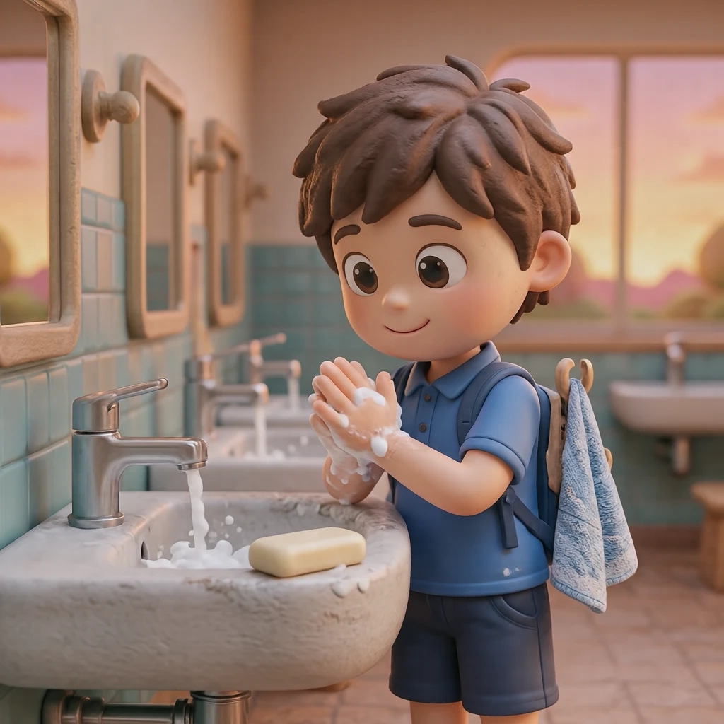 Illustration of a pupil washing hands with soap at a school washbasin (soft 3D)