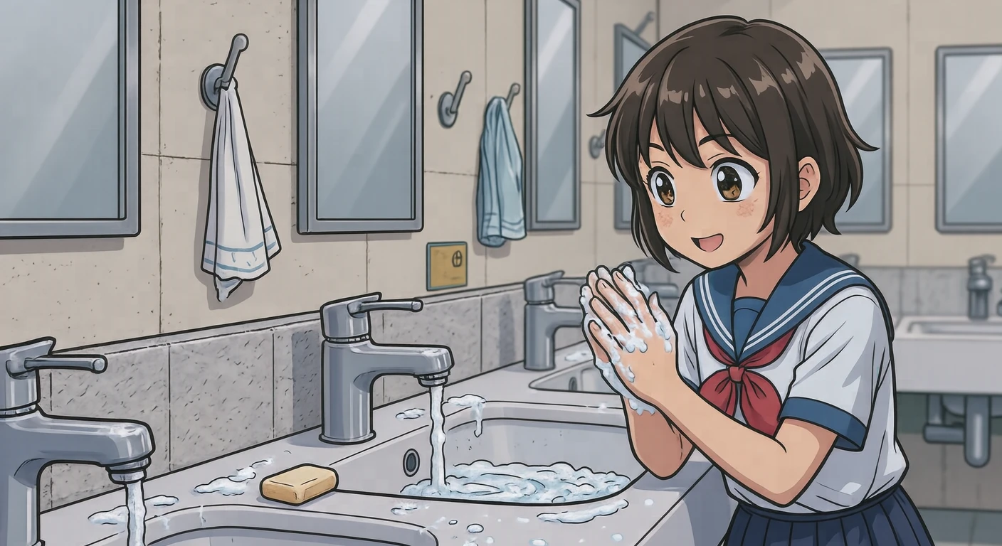 Illustration of a pupil washing hands with soap at a school washbasin (anime cel-shaded)