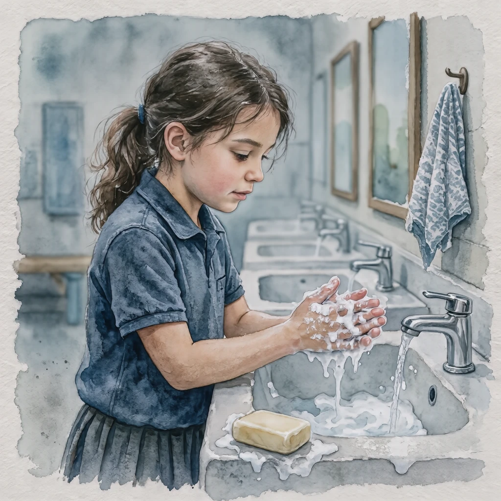 Illustration of a pupil washing hands with soap at a school washbasin (watercolor)