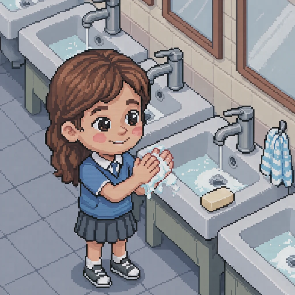 Illustration of a pupil washing hands with soap at a school washbasin (pixel art)