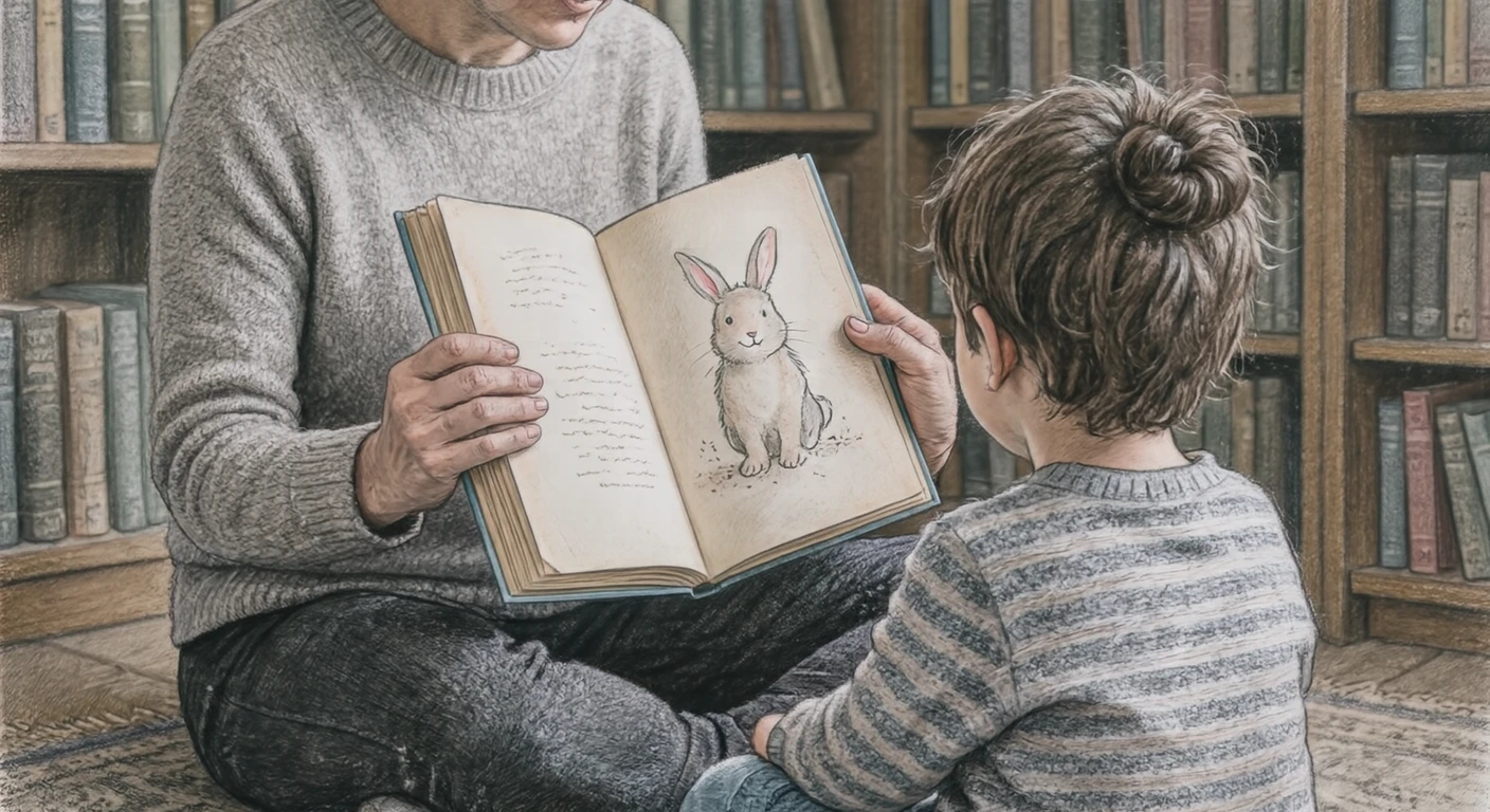 読み聞かせをする読み手と聞く子どものイラスト（色鉛筆）