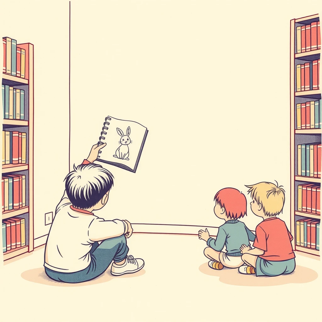 読み聞かせを聞く子どもたちと読み手のイラスト