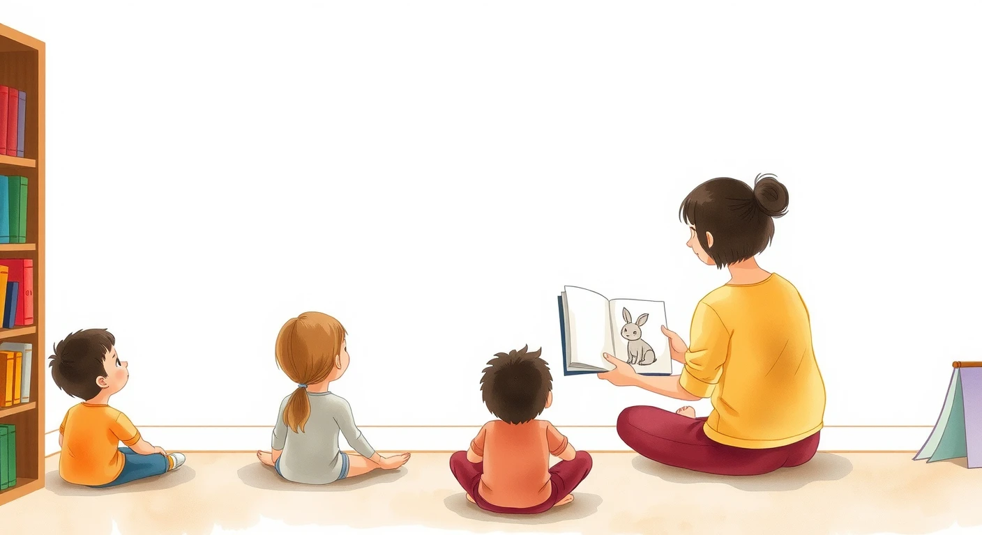 読み聞かせを聞く子どもたちと読み手のイラスト