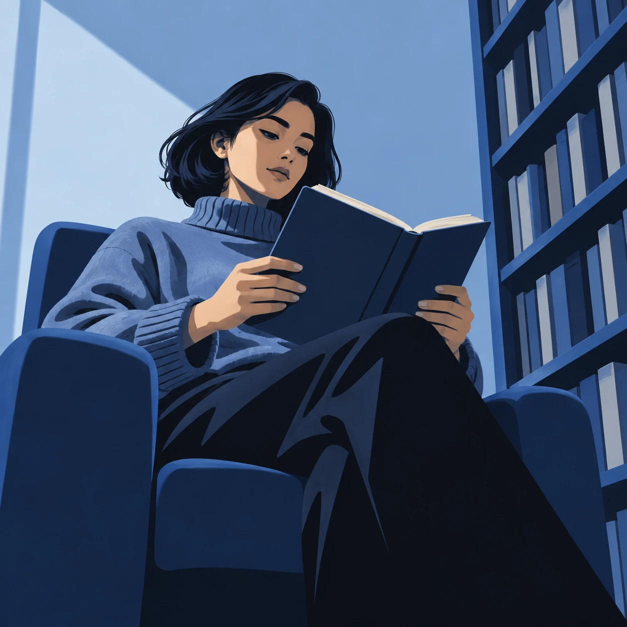 本棚の前で本を読むイラスト（グラフィックポスター）