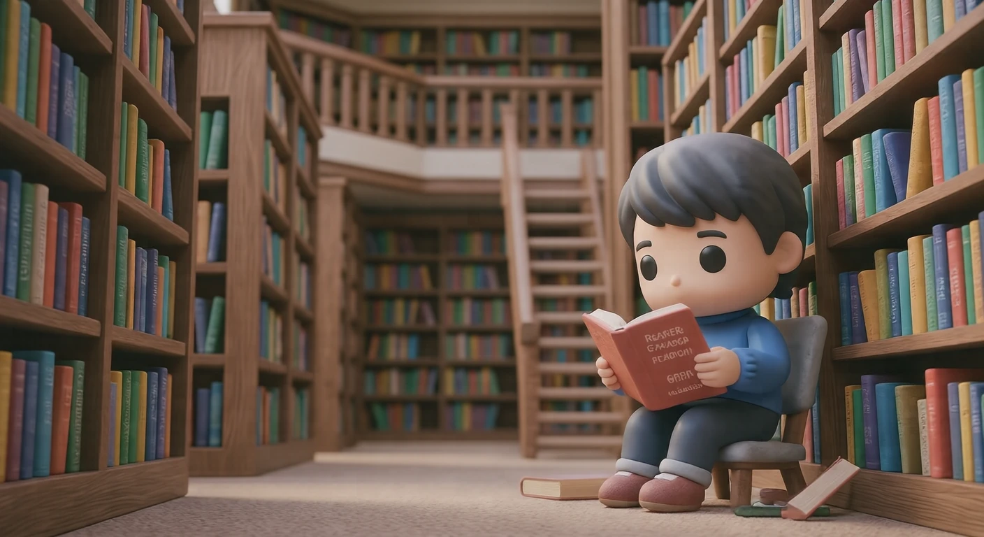 本棚の前で本を読むイラスト（ソフト3D）