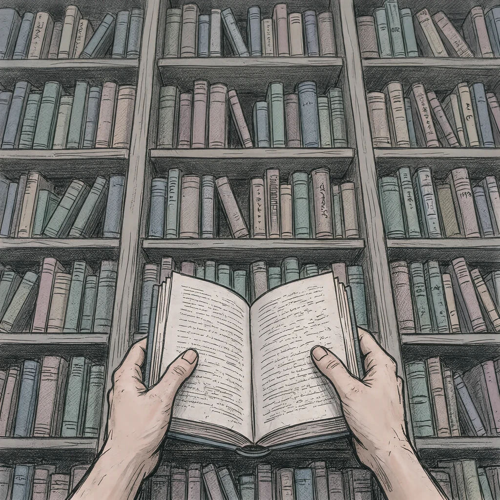 本棚の前で本を読むイラスト（手描き風）
