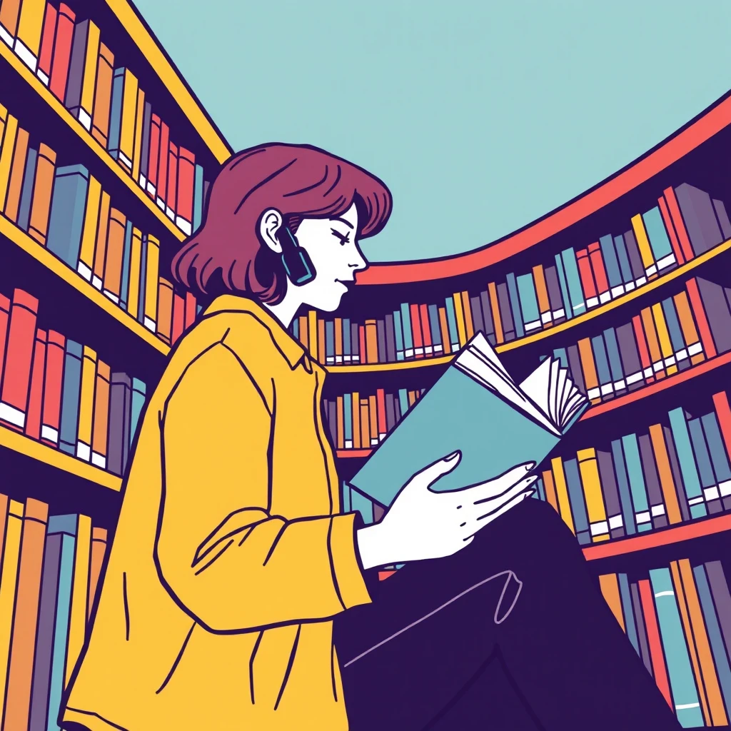 Illustration of reader, reading, book, bookshelf, in a library