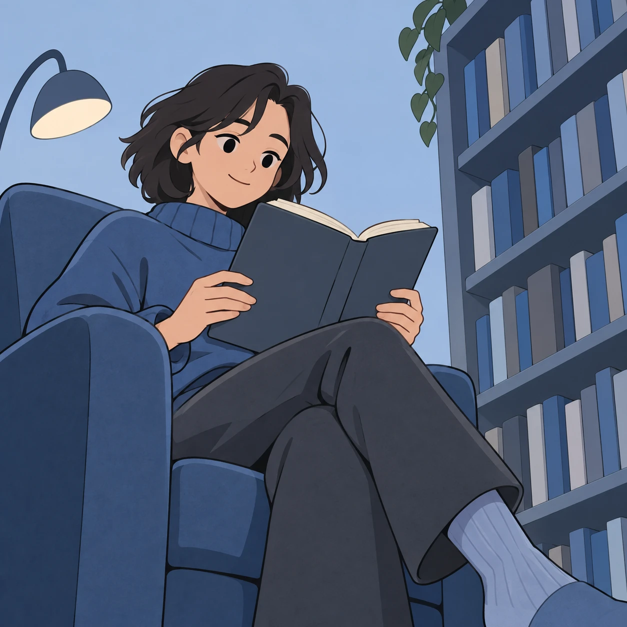 本棚の前で本を読むイラスト（ゆるいイラスト）