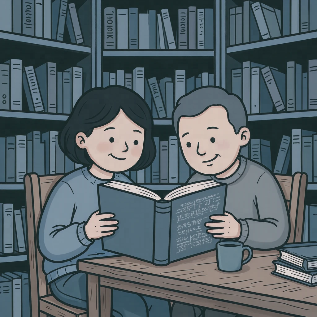 本棚の前で本を読むイラスト（ゆるいイラスト）