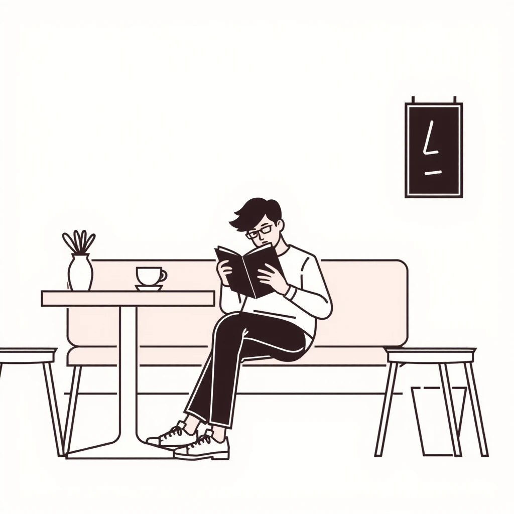 Illustration of reader, reading, relaxing, book, coffee, in a cafe