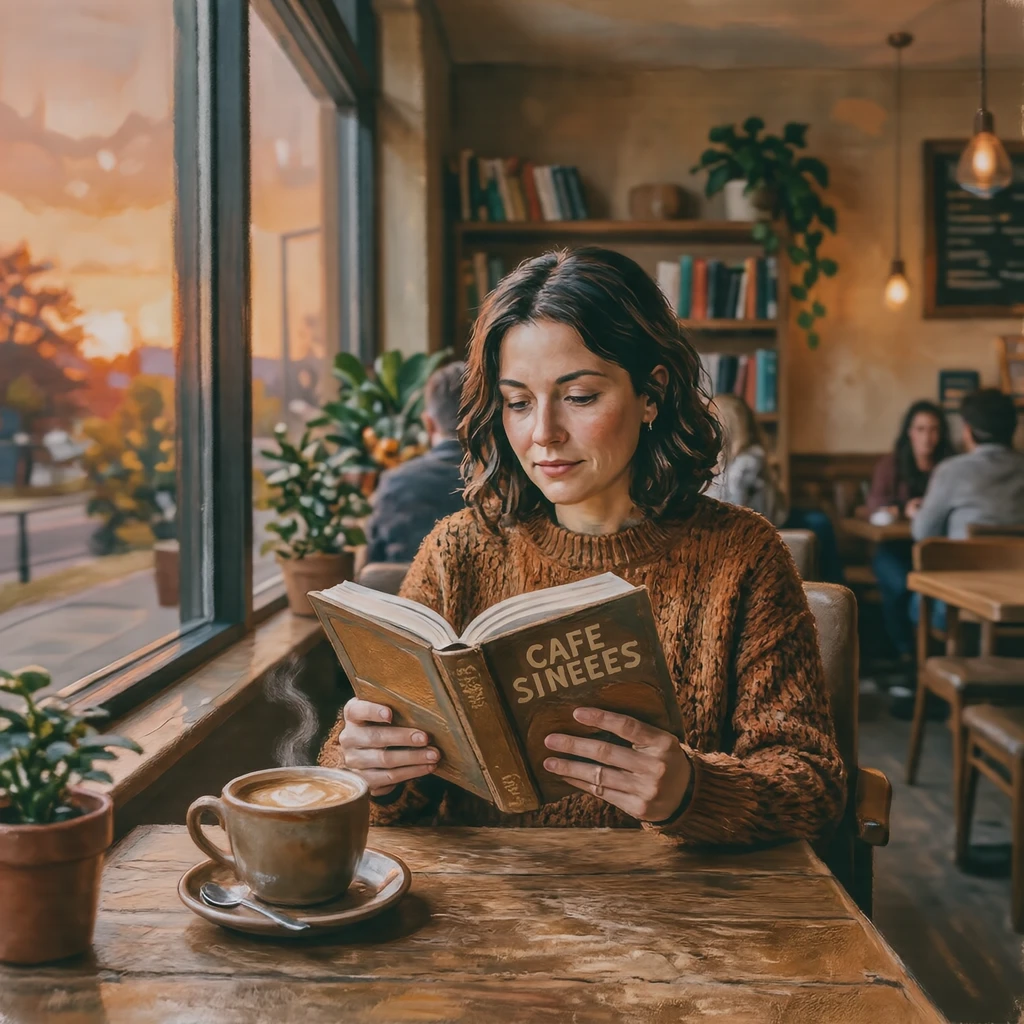 コーヒーのあるカフェの席で本を読んでくつろぐ人のイラスト（グアッシュ）
