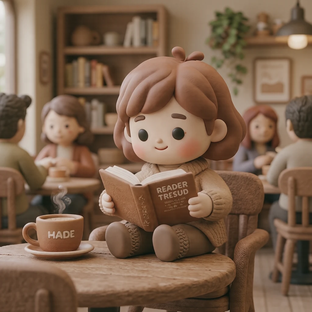 コーヒーのあるカフェの席で本を読んでくつろぐ人のイラスト（ソフト3D）
