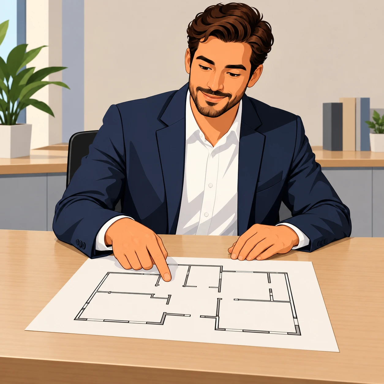 不動産店のカウンターで間取り図を指して説明する営業担当者のイラスト（グラフィックポスター）