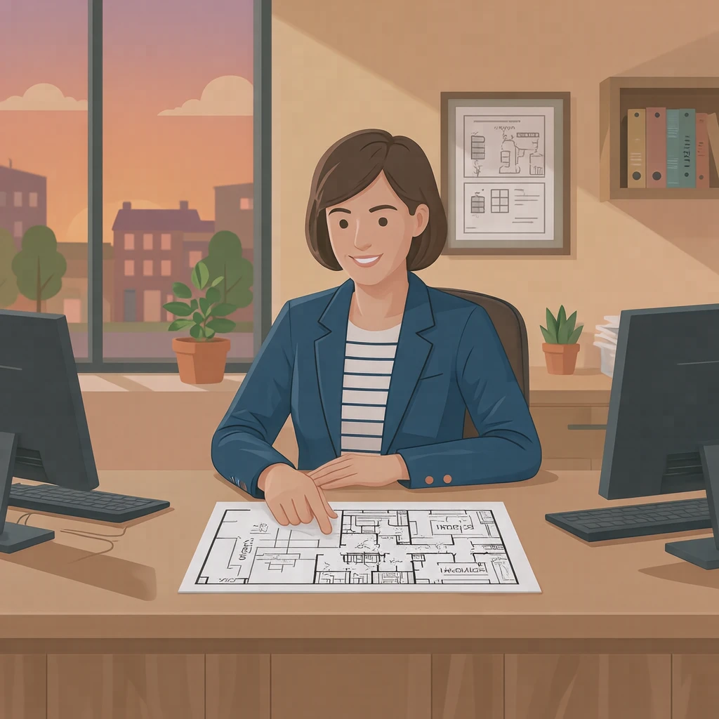 Illustration of one real estate agent in a neat jacket sitting behind a counter and pointing at a floor plan drawing made only of simple lines laid flat on it, in a small real estate office with a plain counter, on a quiet weekday afternoon (flat illustration)