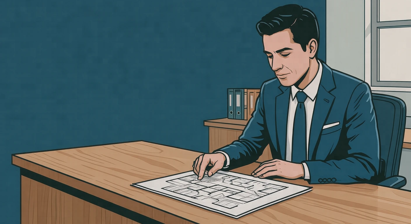 Illustration of one real estate agent in a neat jacket sitting behind a counter and pointing at a floor plan drawing made only of simple lines laid flat on it, in a small real estate office with a plain counter, on a quiet weekday afternoon (bold graphic)