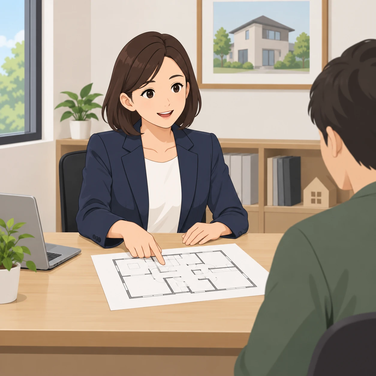 Illustration of one real estate agent in a neat jacket sitting behind a counter and pointing at a floor plan drawing made only of simple lines laid flat on it, in a small real estate office with a plain counter, on a quiet weekday afternoon (flat illustration)