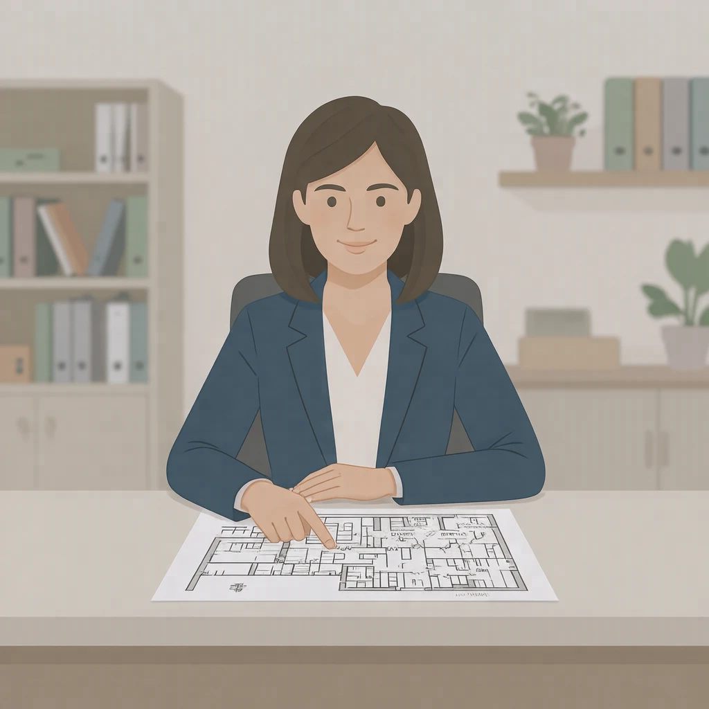 Illustration of one real estate agent in a neat jacket sitting behind a counter and pointing at a floor plan drawing made only of simple lines laid flat on it, in a small real estate office with a plain counter, on a quiet weekday afternoon (flat illustration)