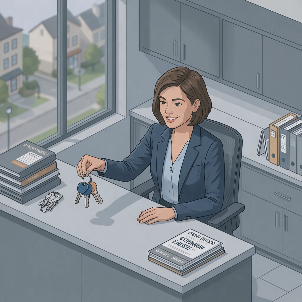 Illustration of one real estate agent in a neat jacket sitting behind a counter and holding out a small set of house keys across it, in a small real estate office with a plain counter, on a quiet weekday afternoon (isometric)