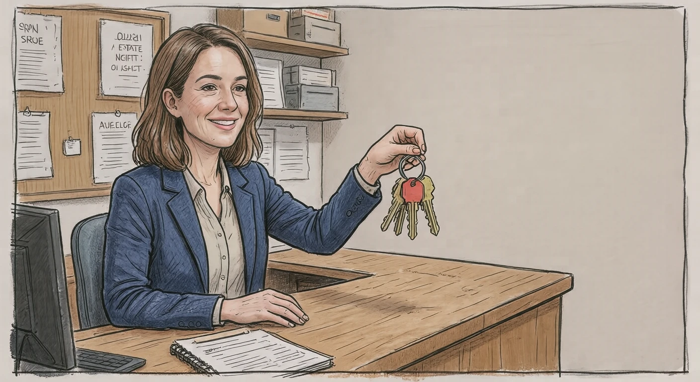 Illustration of one real estate agent in a neat jacket sitting behind a counter and holding out a small set of house keys across it, in a small real estate office with a plain counter, on a quiet weekday afternoon (hand-drawn)