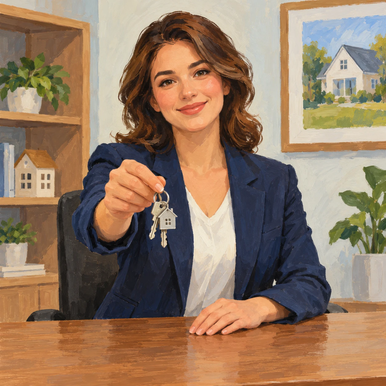 Illustration of one real estate agent in a neat jacket sitting behind a counter and holding out a small set of house keys across it, in a small real estate office with a plain counter, on a quiet weekday afternoon (gouache)