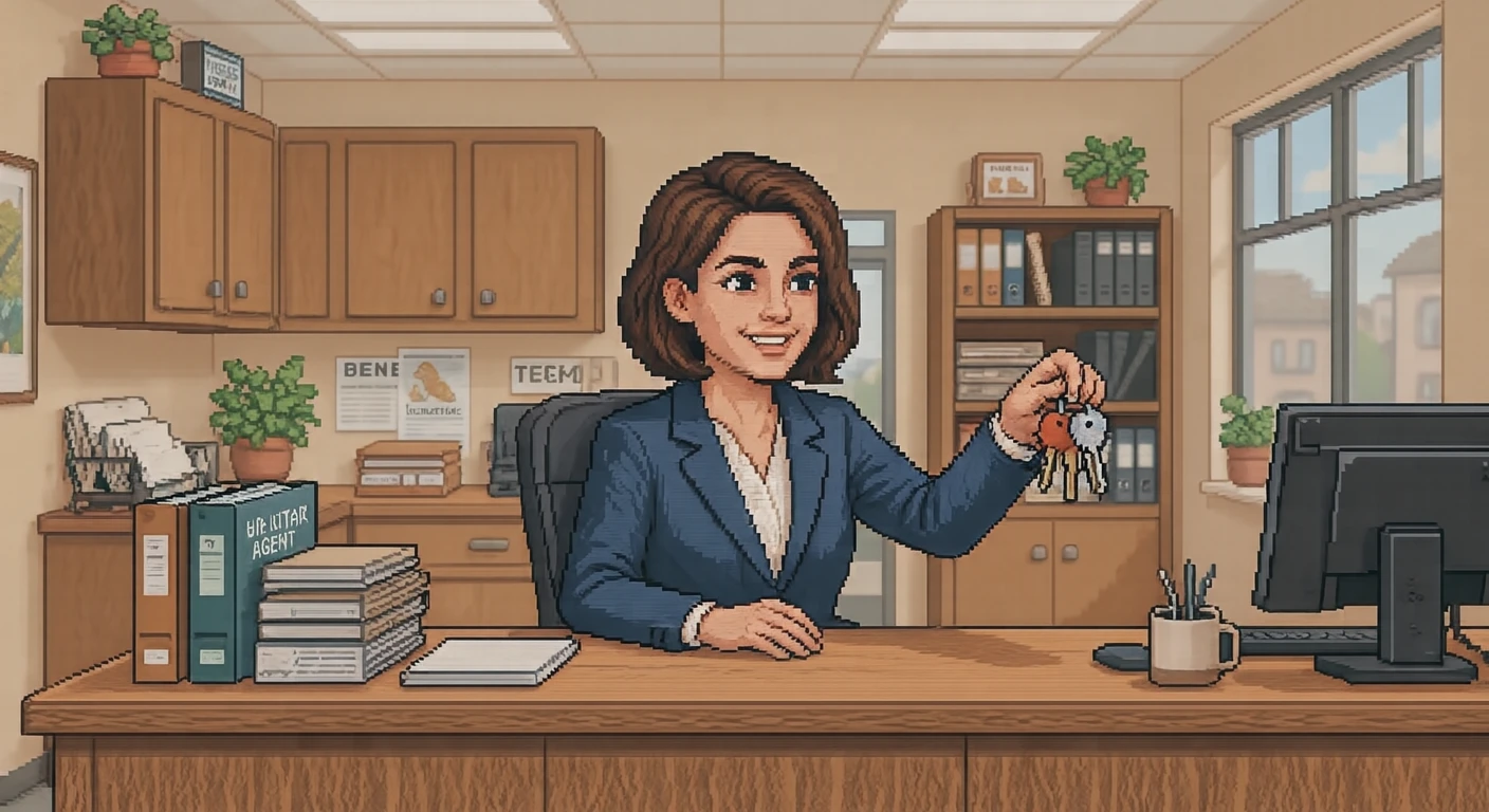Illustration of one real estate agent in a neat jacket sitting behind a counter and holding out a small set of house keys across it, in a small real estate office with a plain counter, on a quiet weekday afternoon (pixel art)