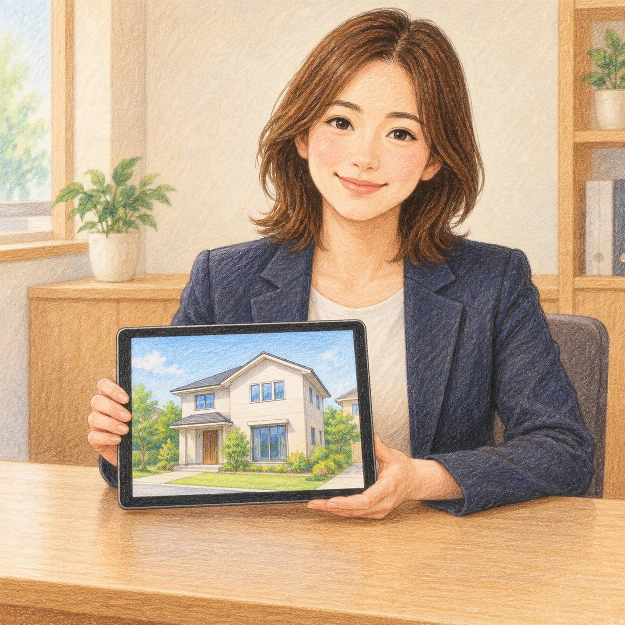 不動産店のカウンターでタブレットの物件写真を見せる営業担当者のイラスト（色鉛筆）