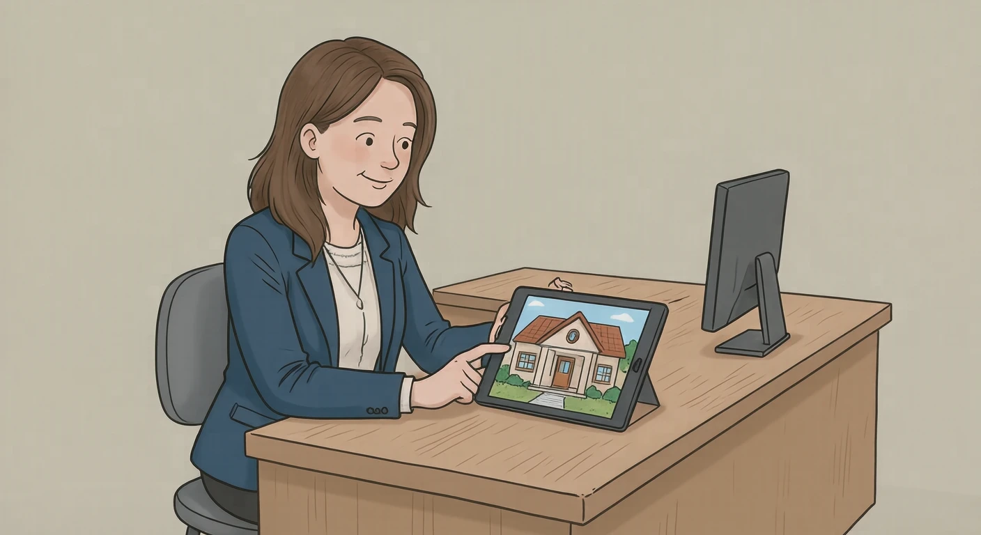 Illustration of one real estate agent in a neat jacket sitting behind a counter and turning a tablet that shows a photo of a house toward the front, in a small real estate office with a plain counter, on a quiet weekday afternoon (loose cartoon)