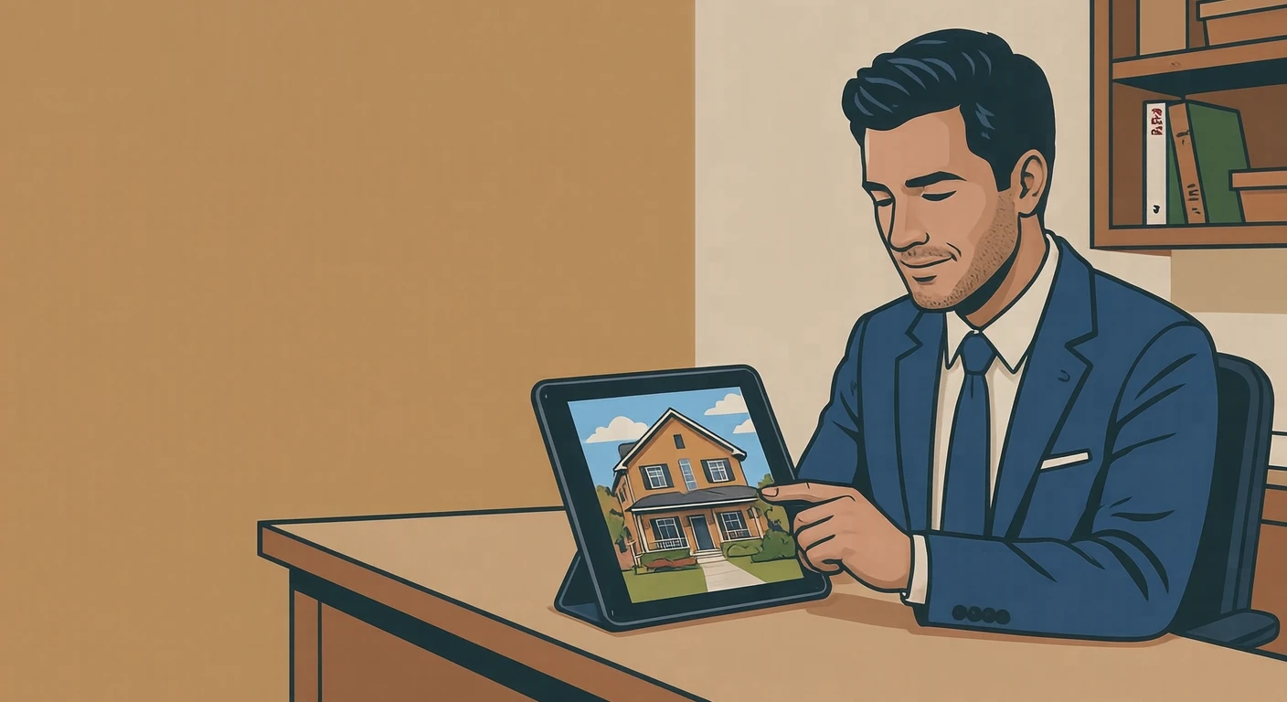 Illustration of one real estate agent in a neat jacket sitting behind a counter and turning a tablet that shows a photo of a house toward the front, in a small real estate office with a plain counter, on a quiet weekday afternoon (bold graphic)