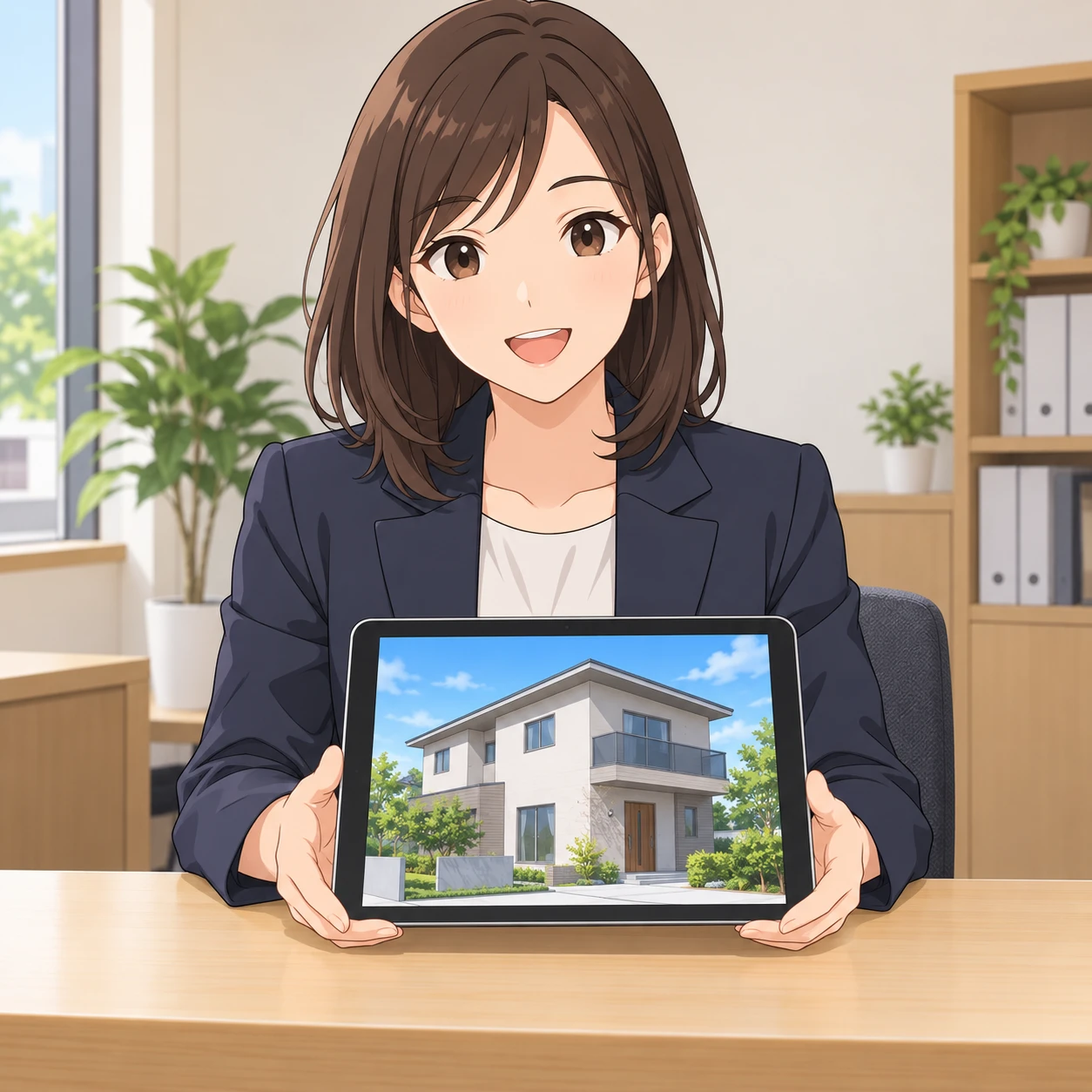 Illustration of one real estate agent in a neat jacket sitting behind a counter and turning a tablet that shows a photo of a house toward the front, in a small real estate office with a plain counter, on a quiet weekday afternoon (anime cel-shaded)