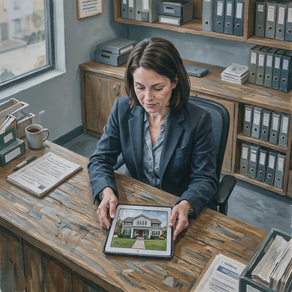 Illustration of one real estate agent in a neat jacket sitting behind a counter and turning a tablet that shows a photo of a house toward the front, in a small real estate office with a plain counter, on a quiet weekday afternoon (gouache)