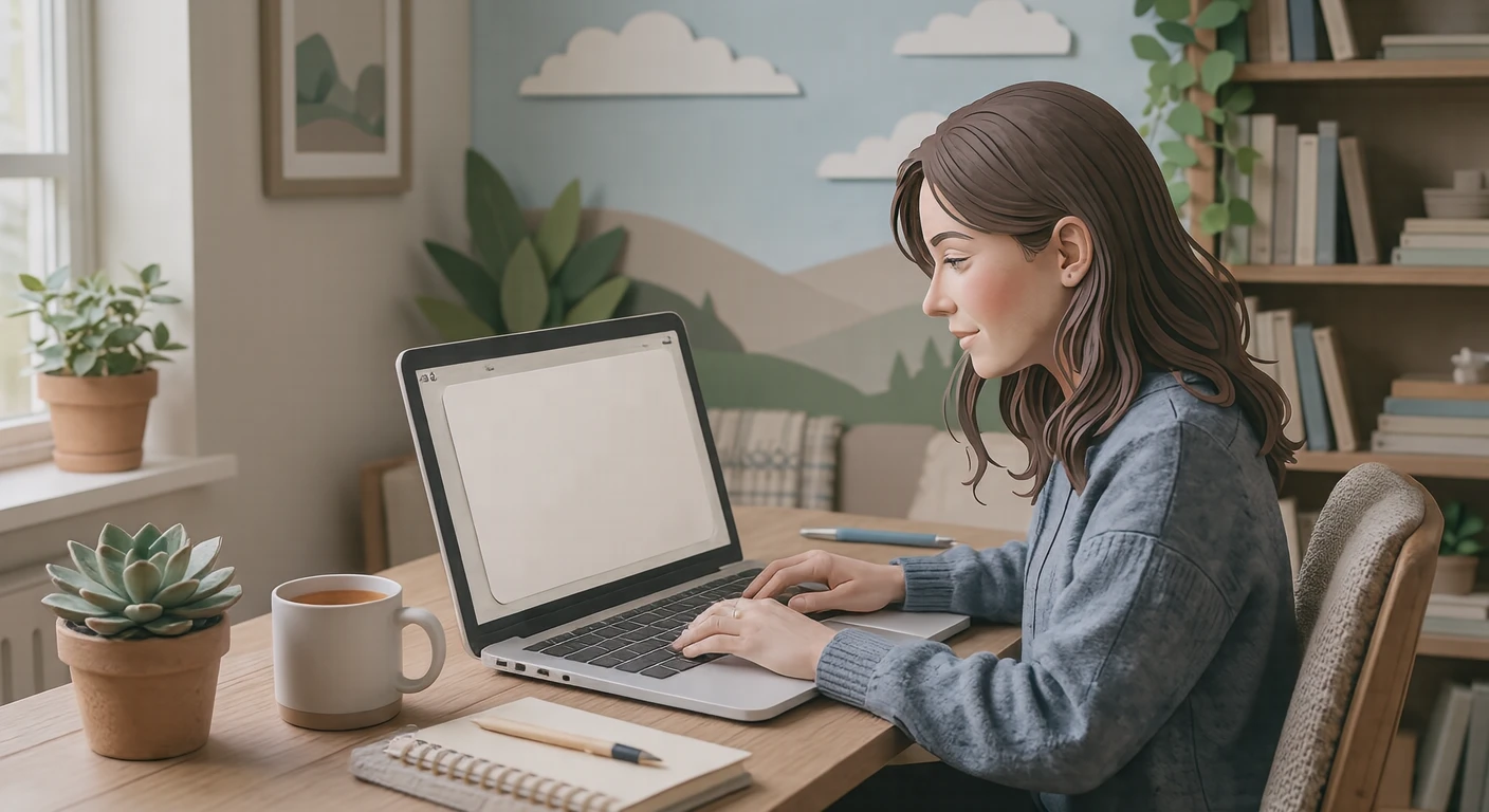 Illustration of a person working remotely from home (paper cut-out)