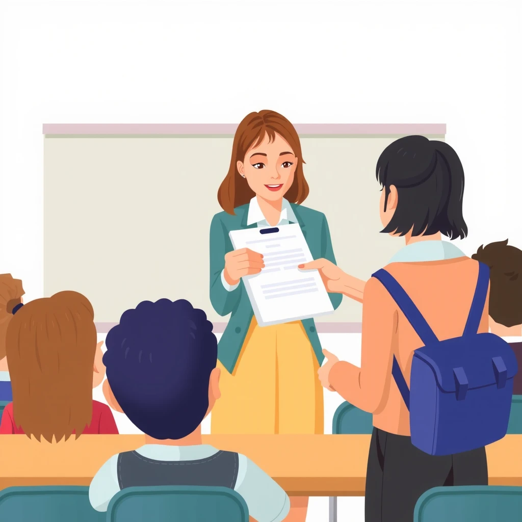通知表を受け取る生徒と渡す先生のイラスト