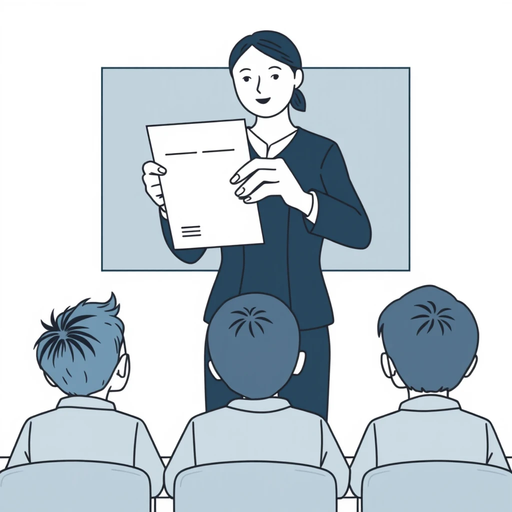 通知表を受け取る生徒と渡す先生のイラスト