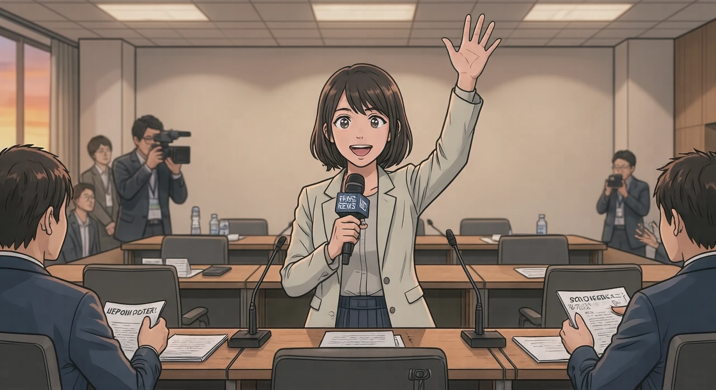 取材の記者会見場で挙手して質問する記者のイラスト（アニメ塗り）