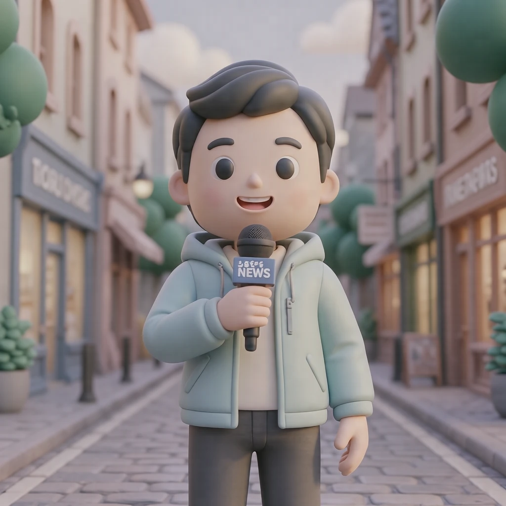市街地でマイクを持って伝える記者のイラスト（ソフト3D）