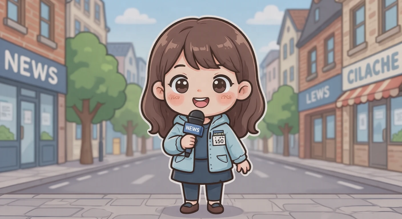 Illustration of one reporter in a light jacket holding a handheld microphone up while speaking, on a quiet city street, during a news assignment (chibi)