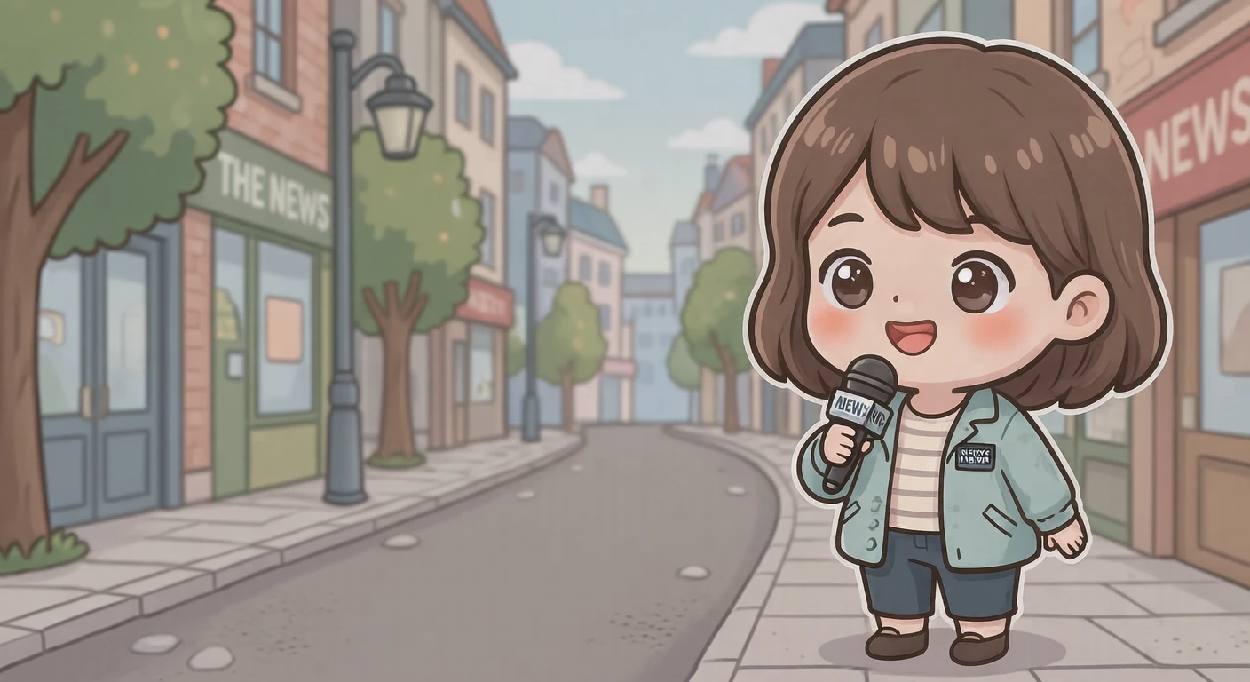 取材の市街地でマイクを持って伝える記者のイラスト（デフォルメ）