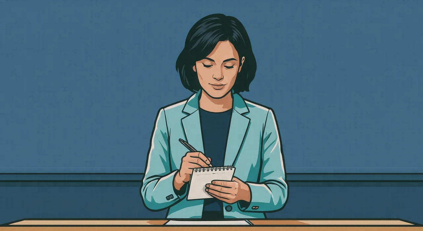 取材の記者会見場でメモを取る記者のイラスト（グラフィックポスター）