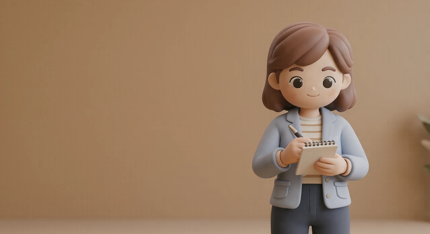 取材の記者会見場でメモを取る記者のイラスト（ソフト3D）