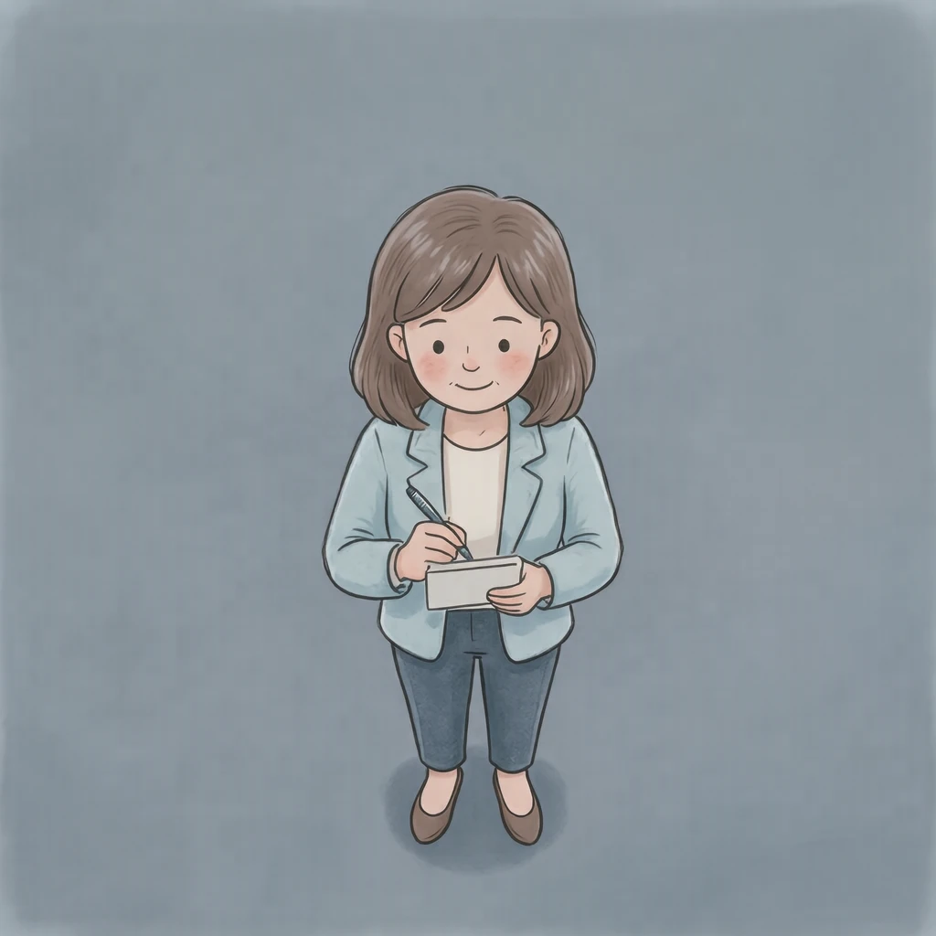 取材の記者会見場でメモを取る記者のイラスト（ソフトパステル）