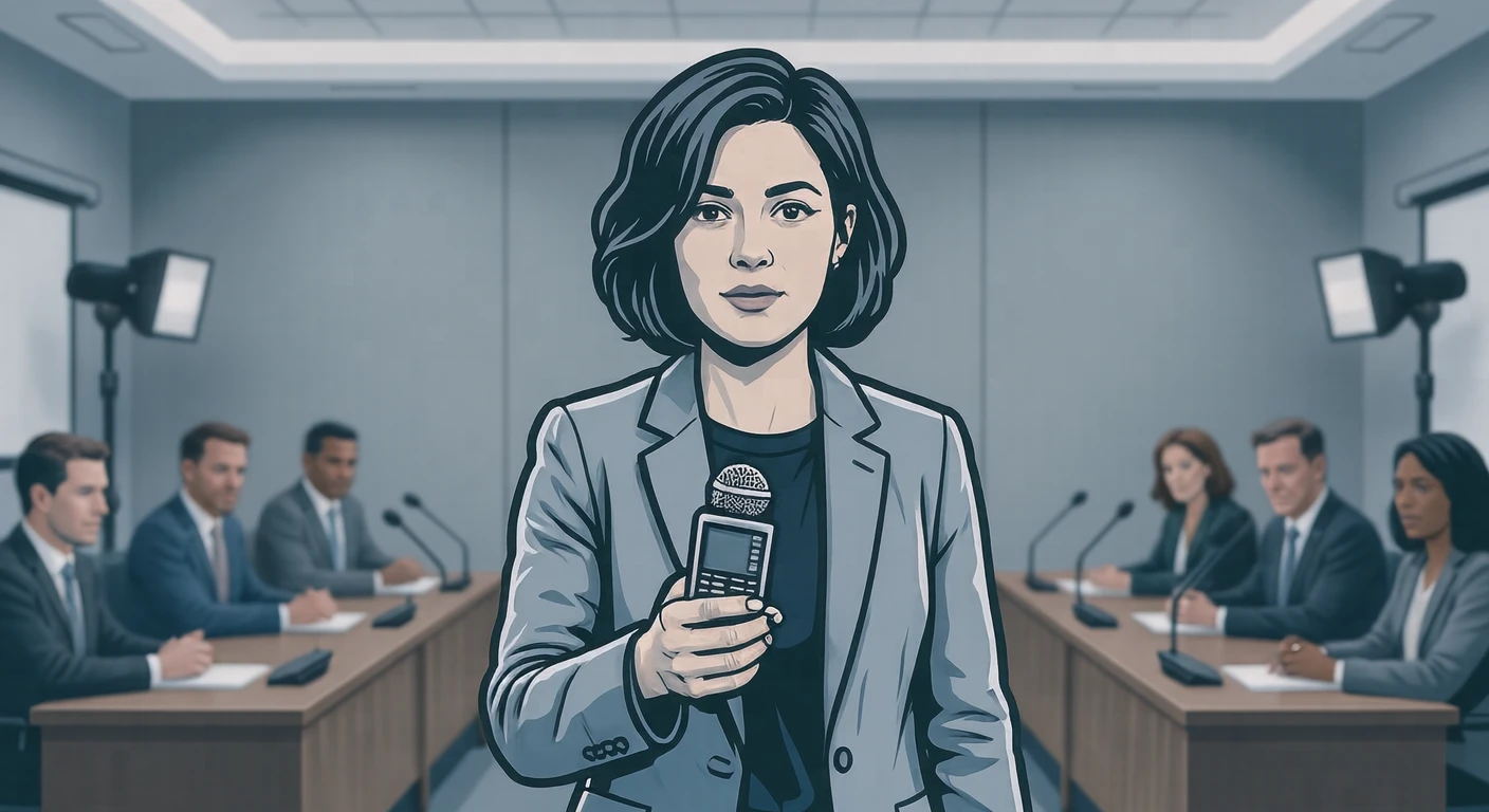 取材の記者会見場でレコーダーを向ける記者のイラスト（グラフィックポスター）