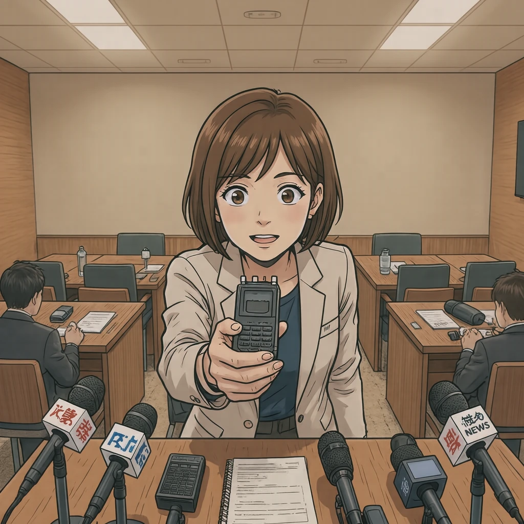 取材の記者会見場でレコーダーを向ける記者のイラスト（アニメ塗り）