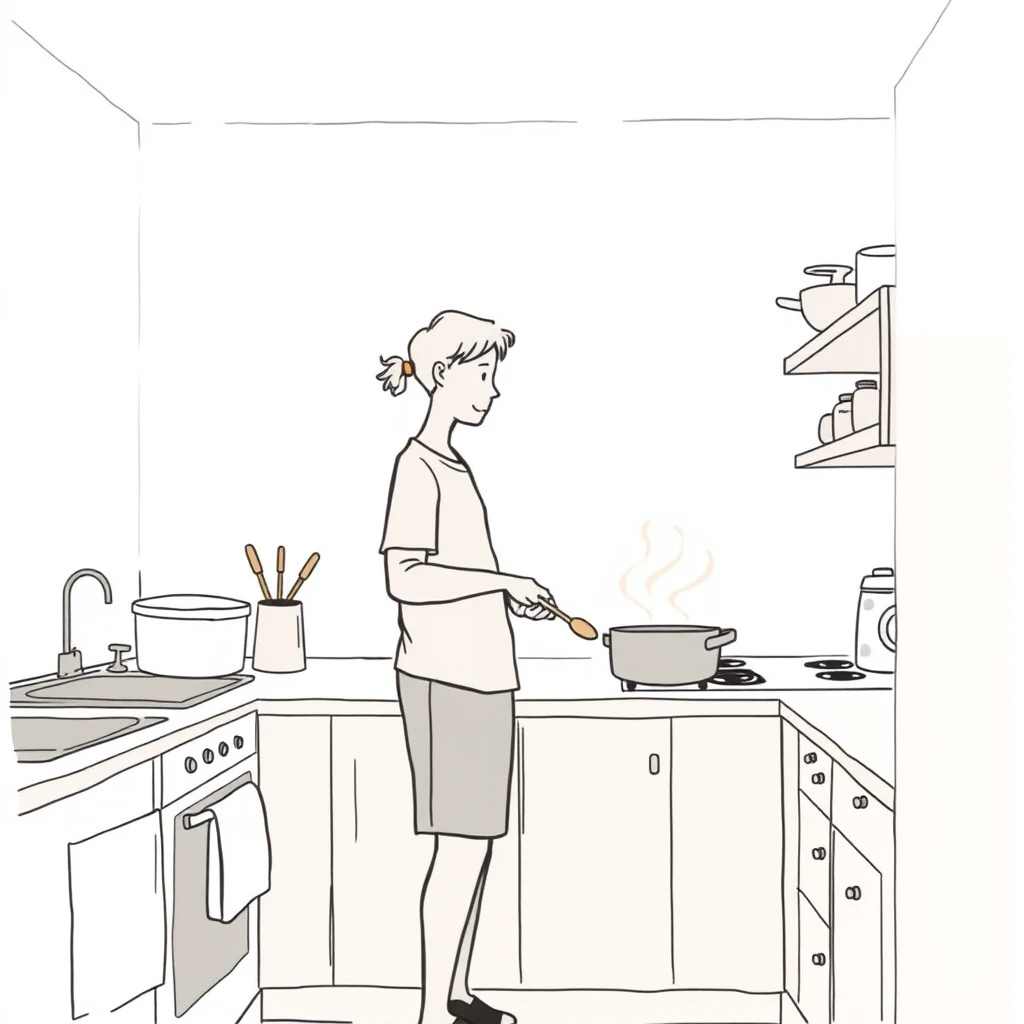 家事のキッチンで鍋をかき混ぜる住人のイラスト（手描き風）