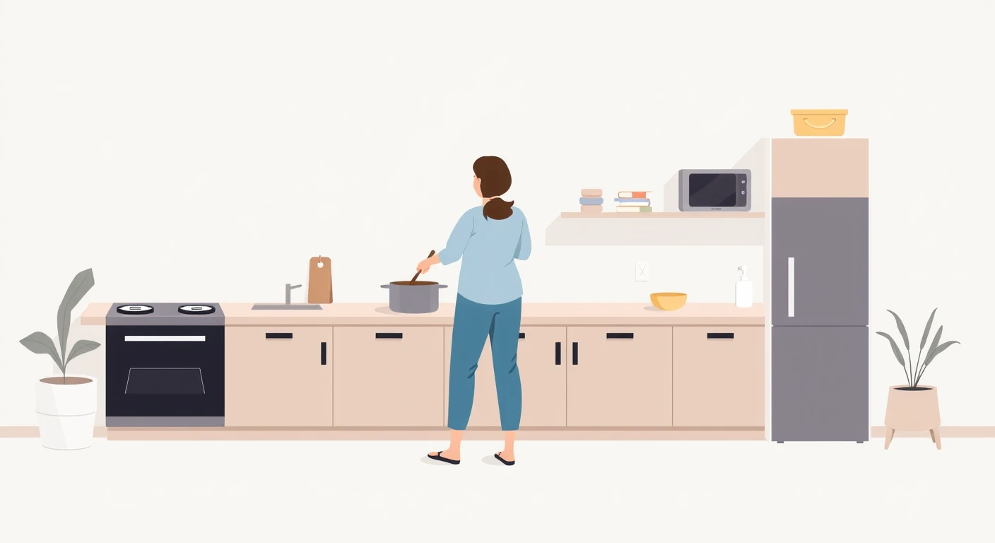 家事のキッチンで鍋をかき混ぜる住人のイラスト（アイソメトリック）