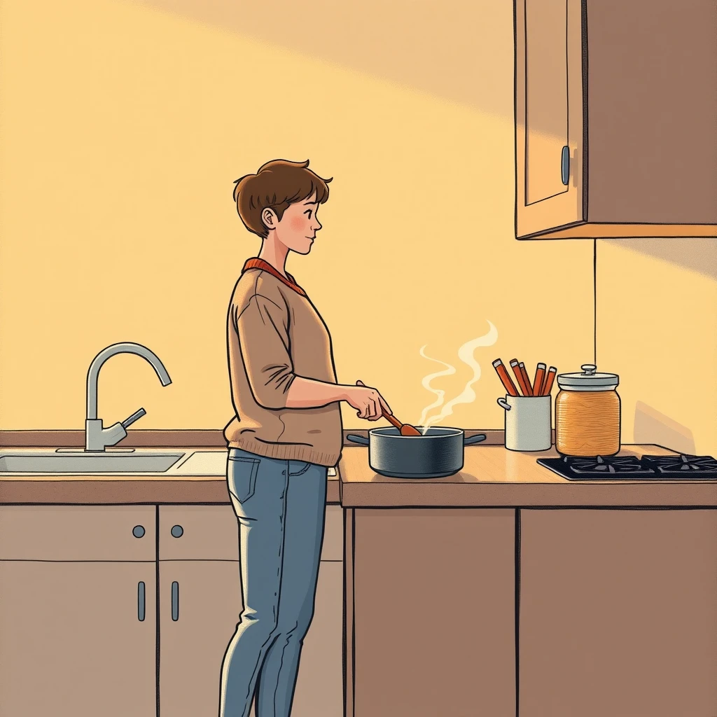 家事のキッチンで鍋をかき混ぜる住人のイラスト（色鉛筆）